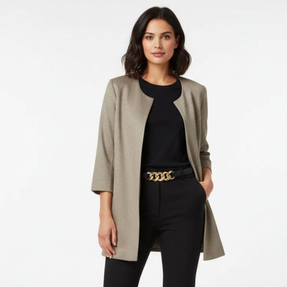 Eileen Fisher 100% Silk Jacquard Gray Open Front Collarless Long Jacket NEW L